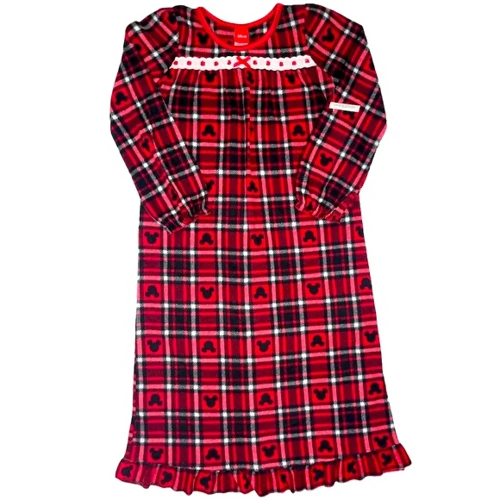Disney Nightgown Lace Trim Bow Nightshirt Mickey Mouse Buffalo Plaid Tartan Red